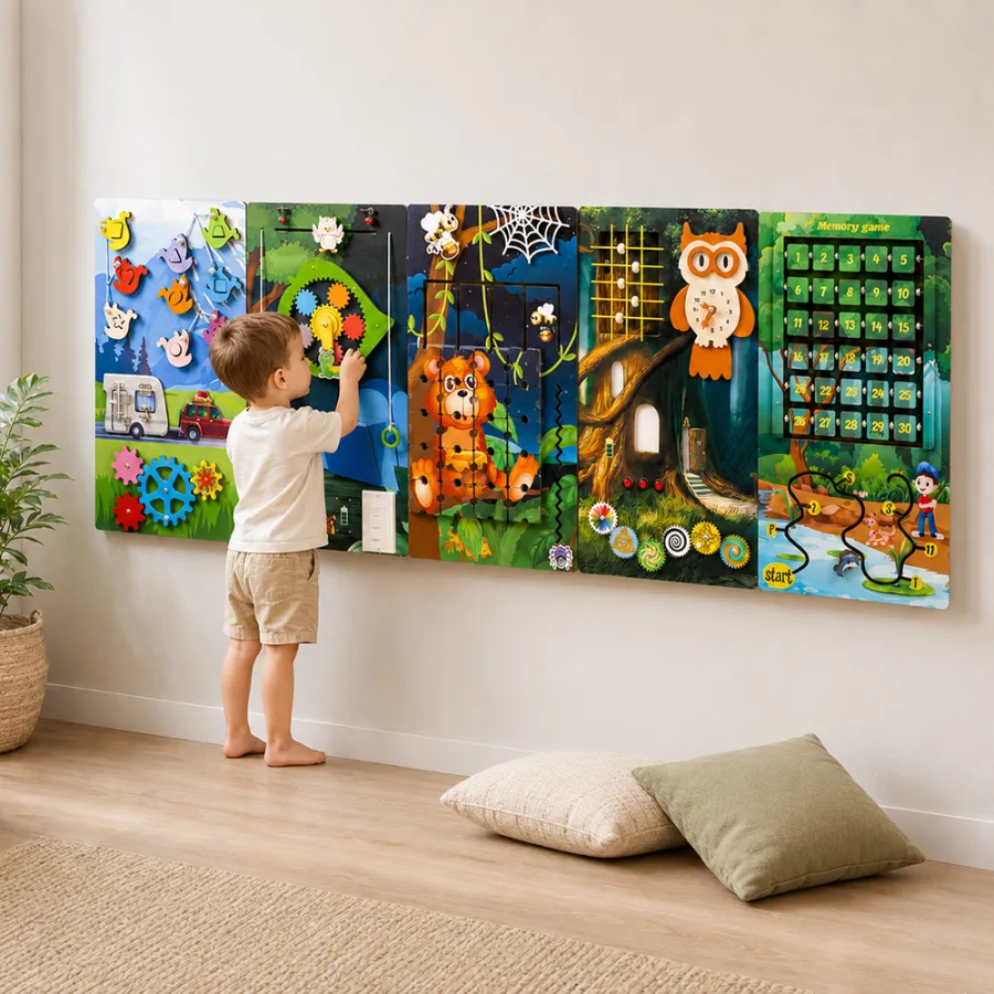 Sensory wall panel in a home play space A wall-mounted sensory panel matched to one child in a home play space, with the child exploring latches and gears