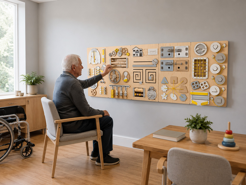 Older adult seated comfortably and engaging with a wall-mounted sensory activity panel