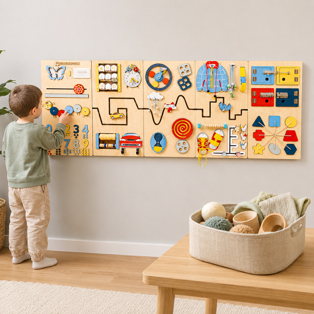 Busy board and sensory bin side by side Wall-mounted busy board beside a sensory bin showing the difference between fixed activities and loose sensory materials