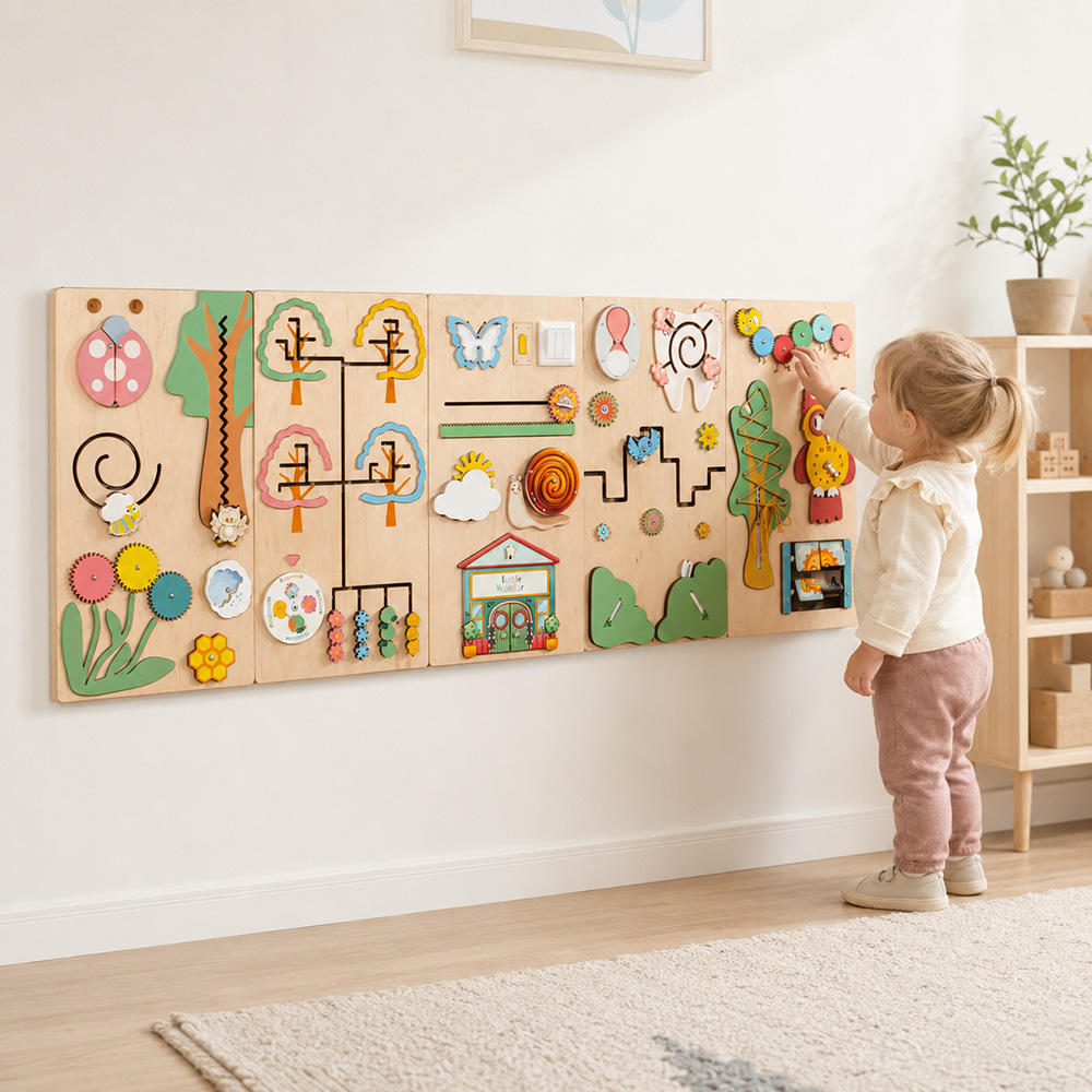 Toddler playing with a wall-mounted busy board Toddler using latches and gears on a wall-mounted busy board during independent play