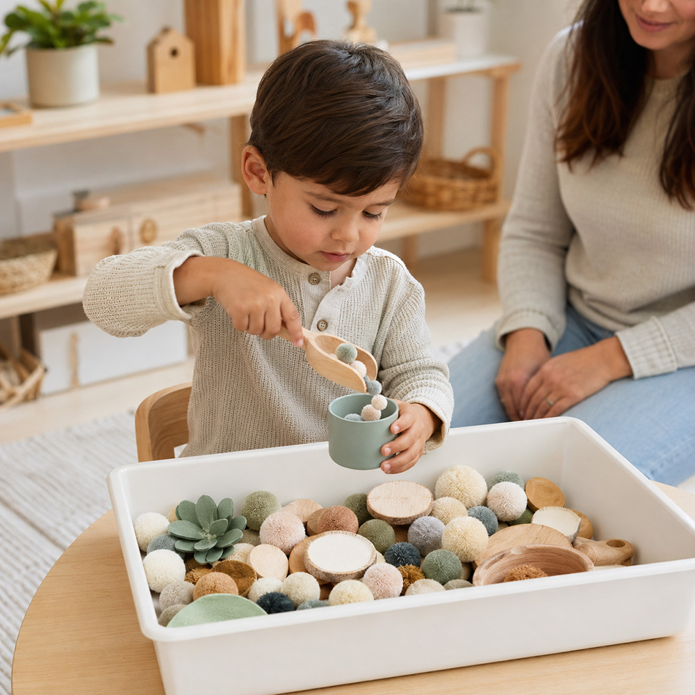 Preschooler exploring a sensory bin Preschool child scooping and pouring sensory bin materials during supervised tactile play