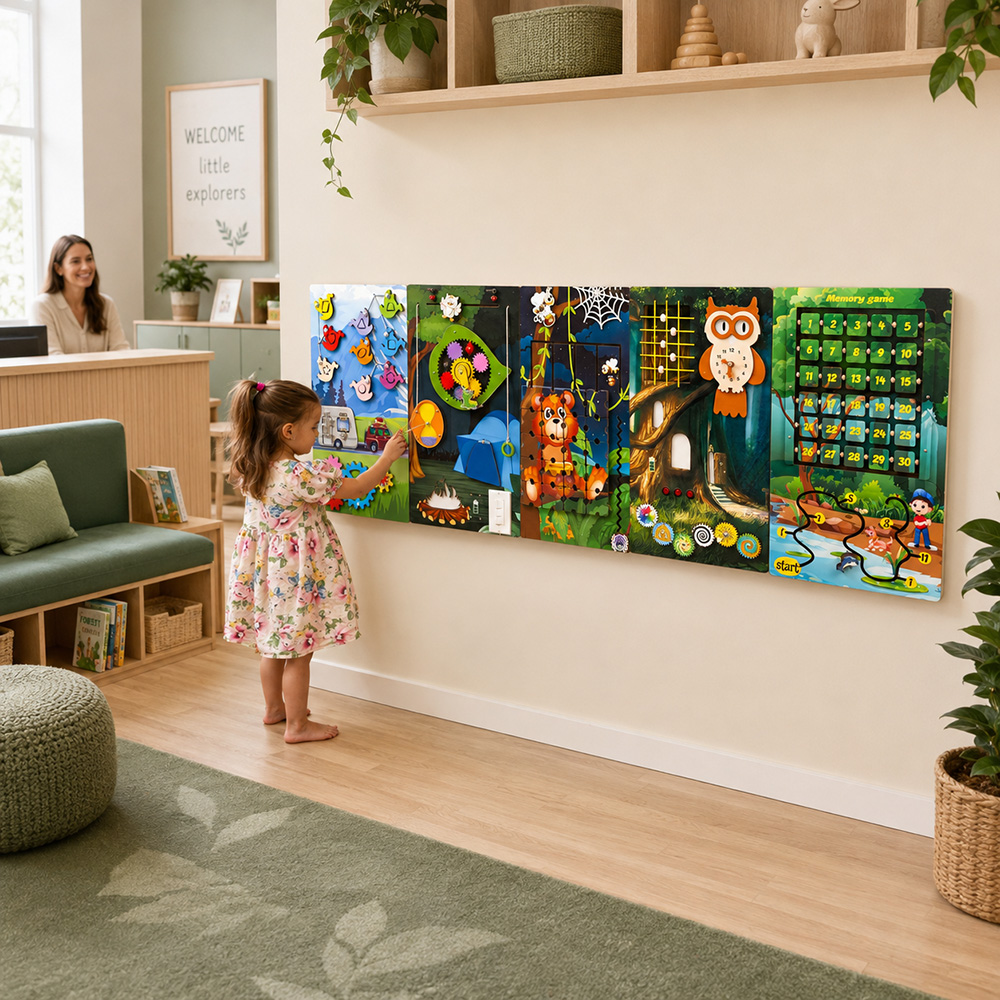 Wall-mounted busy board in a shared space Children using a wall-mounted busy board in a daycare or pediatric waiting area with no loose materials on the floor