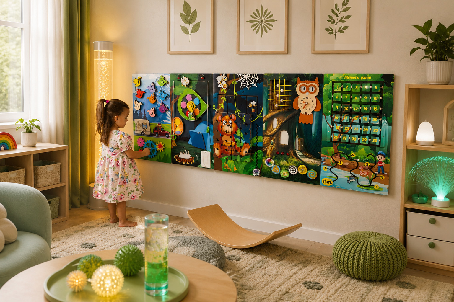 Forest-themed sensory panel in a Montessori classroom Muted green forest-themed sensory wall panel mounted at child height in a Montessori-style classroom reading corner