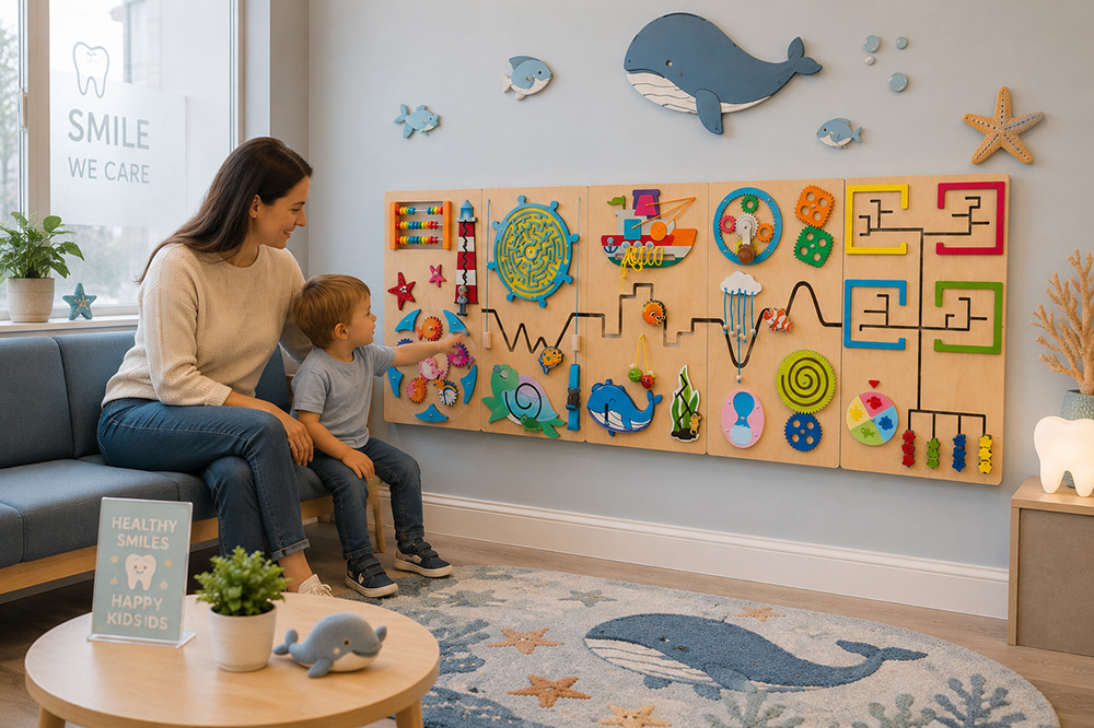 Multi-panel space-themed sensory wall installation A multi-panel space-themed sensory wall mounted floor-to-ceiling in a school hallway, showing how panels combine into a larger configuration