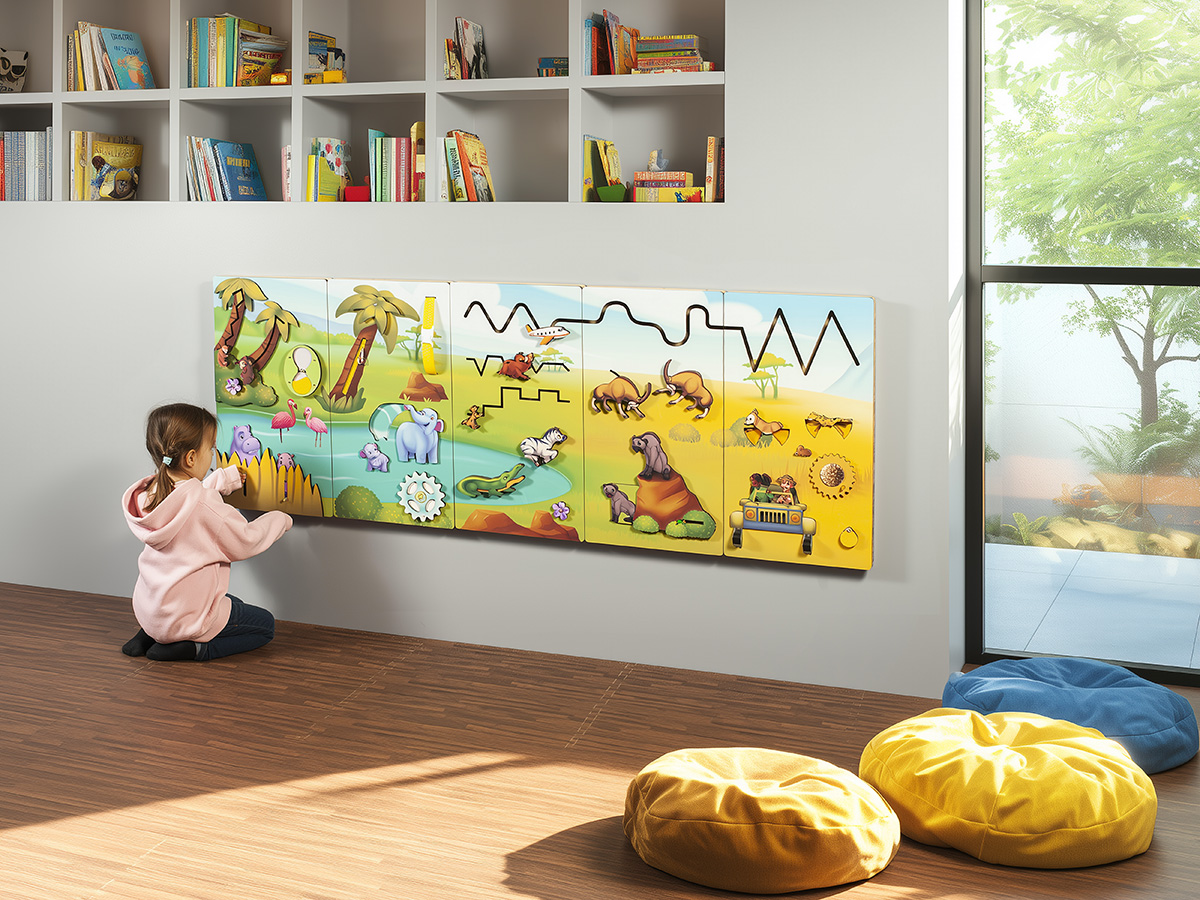Safari-themed sensory panel in a daycare playroom Children playing at a wall-mounted safari-themed sensory panel with jungle animals in a bright daycare playroom
