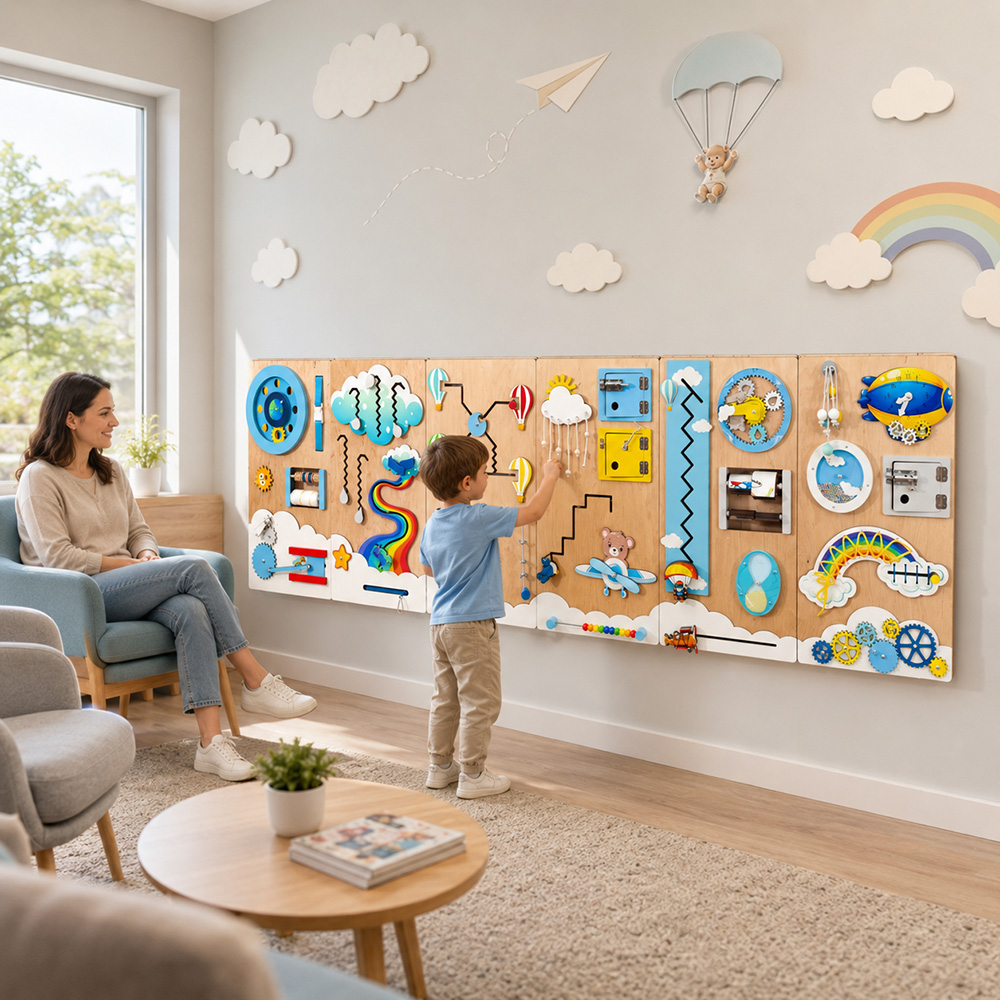 Choosing a sensory wall theme for a waiting room A calming sea-themed wall-mounted sensory panel in a pediatric clinic waiting room