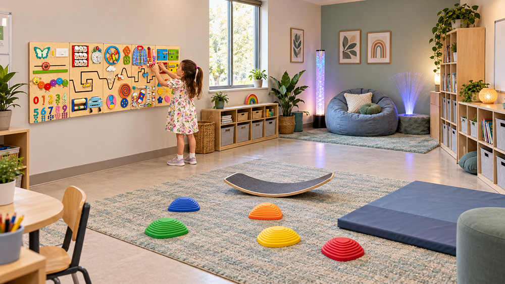 School sensory room layout example Example zoned layout for a school sensory room with a tactile wall, calming corner, and movement space