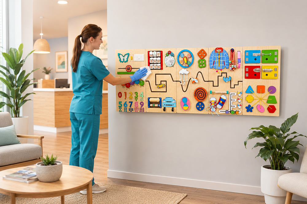 Clinic staff wiping down a sensory wall panel between pediatric patients