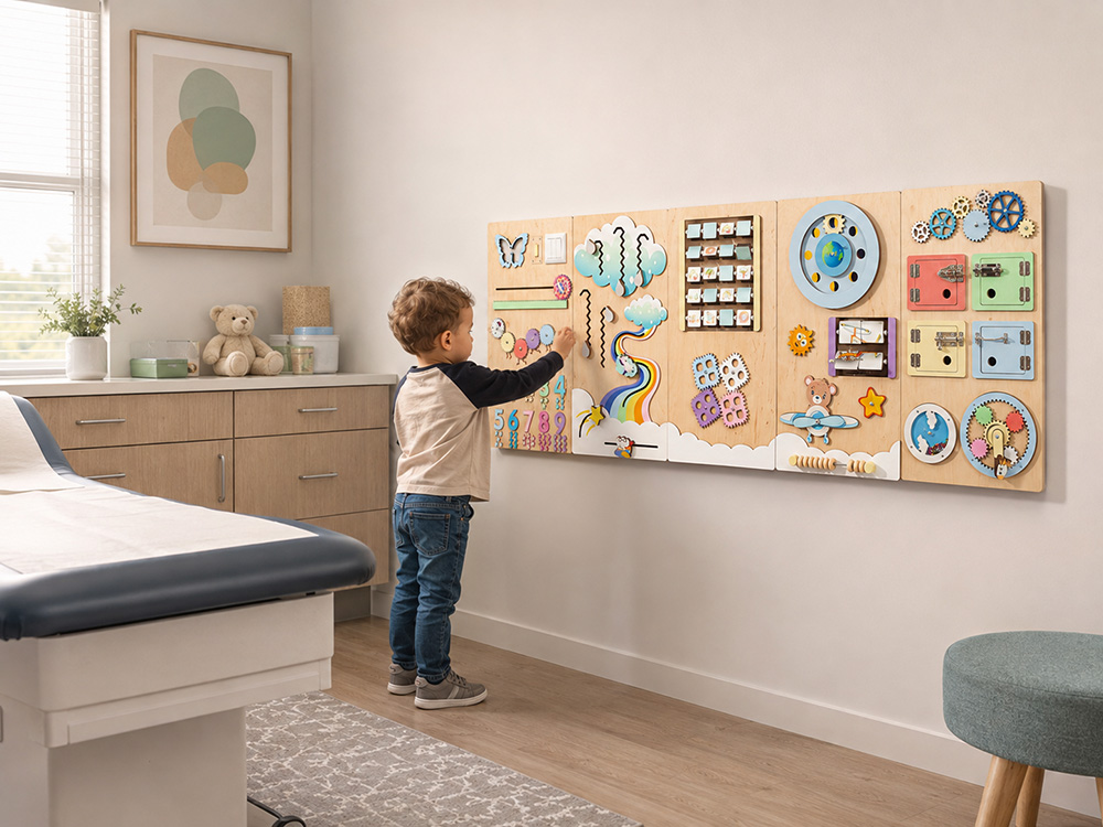 Occupational therapist and child using wall-mounted sensory panels with gears and latches in a therapy clinic
