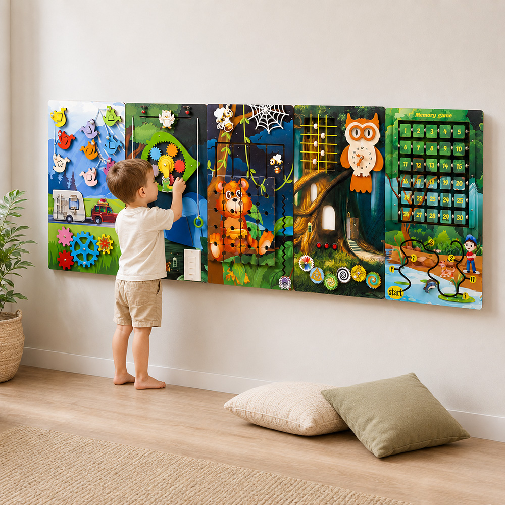 A wall-mounted sensory panel matched to one child in a home play space, with the child exploring latches and gears