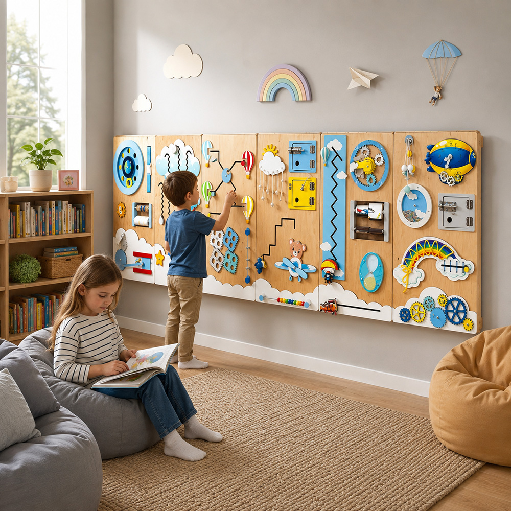 A child using a calm wall-mounted sensory panel in a quiet corner of a children's library