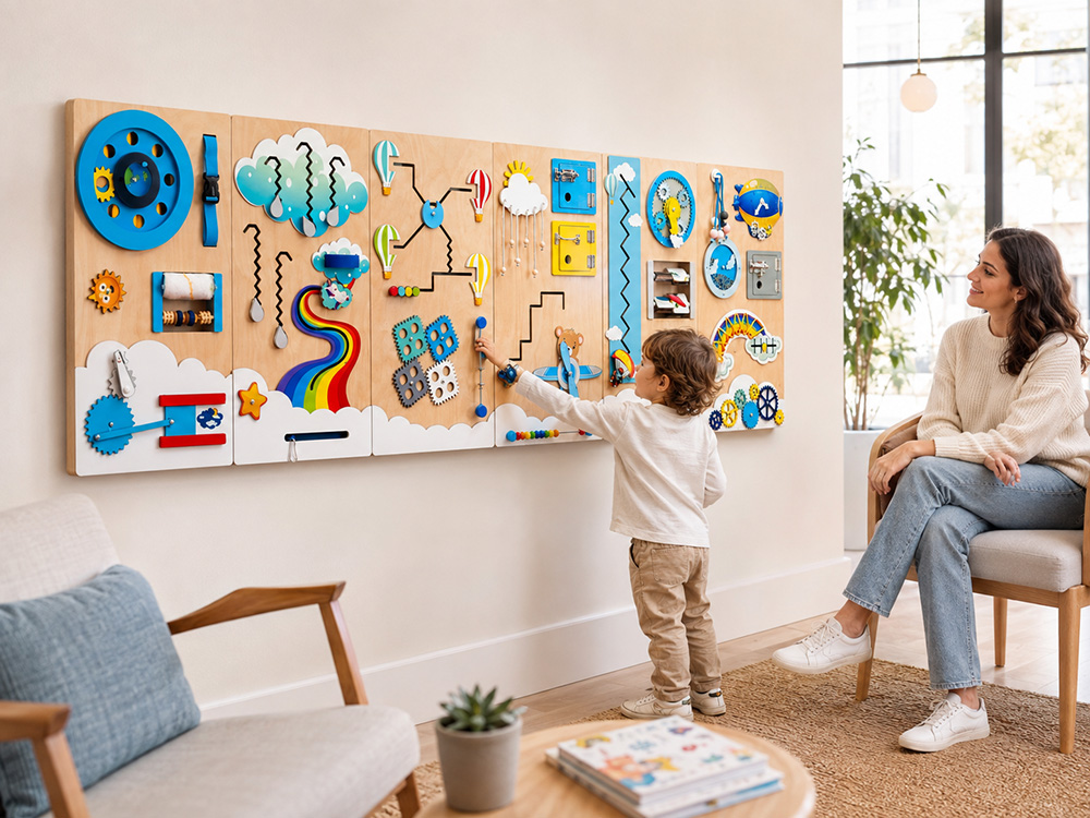Children engaging with a wall-mounted sensory panel in a pediatric clinic waiting room while a parent waits nearby