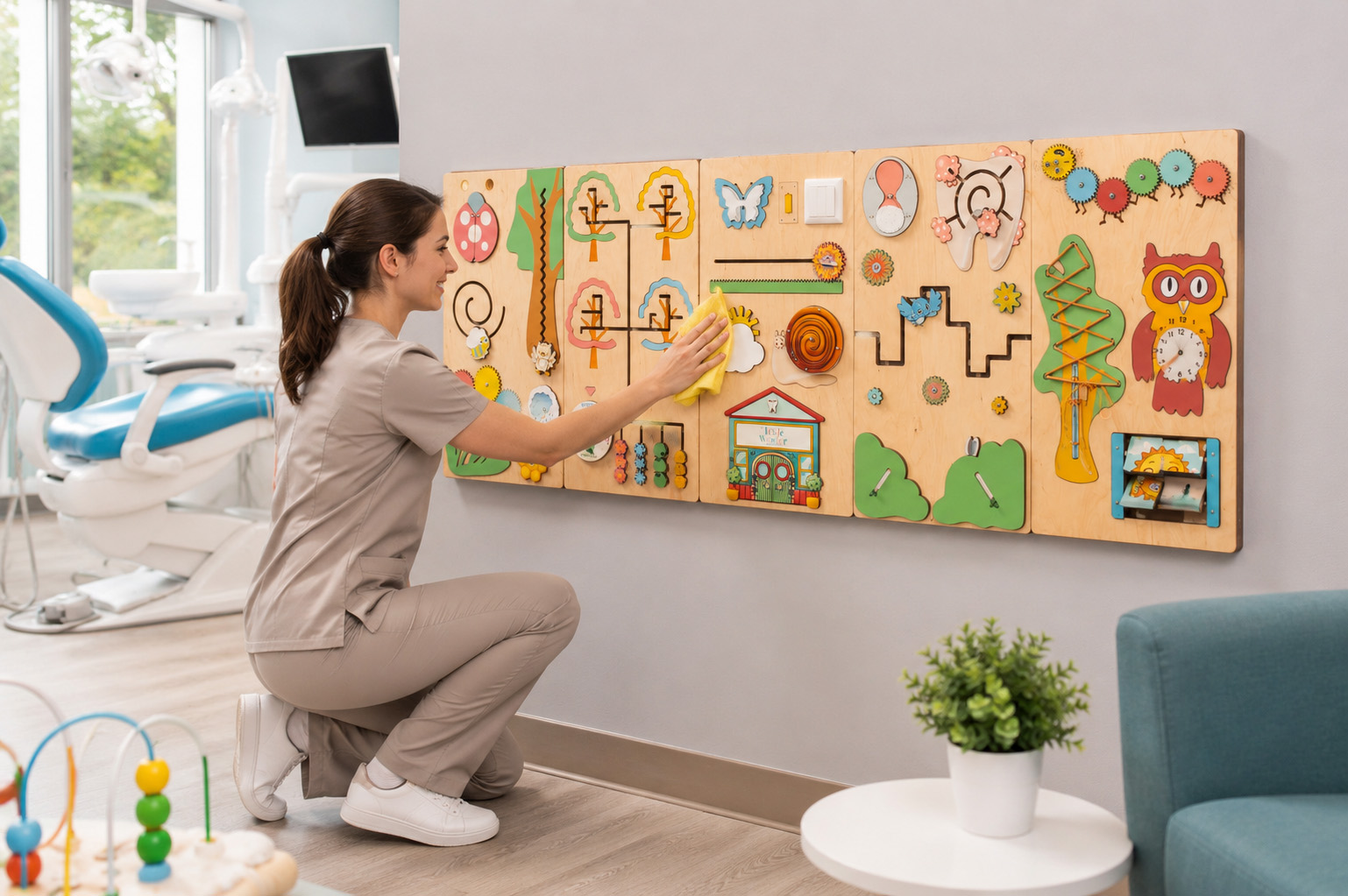 Clinic staff wiping down a wall-mounted sensory wall panel between patients in a dental clinic.