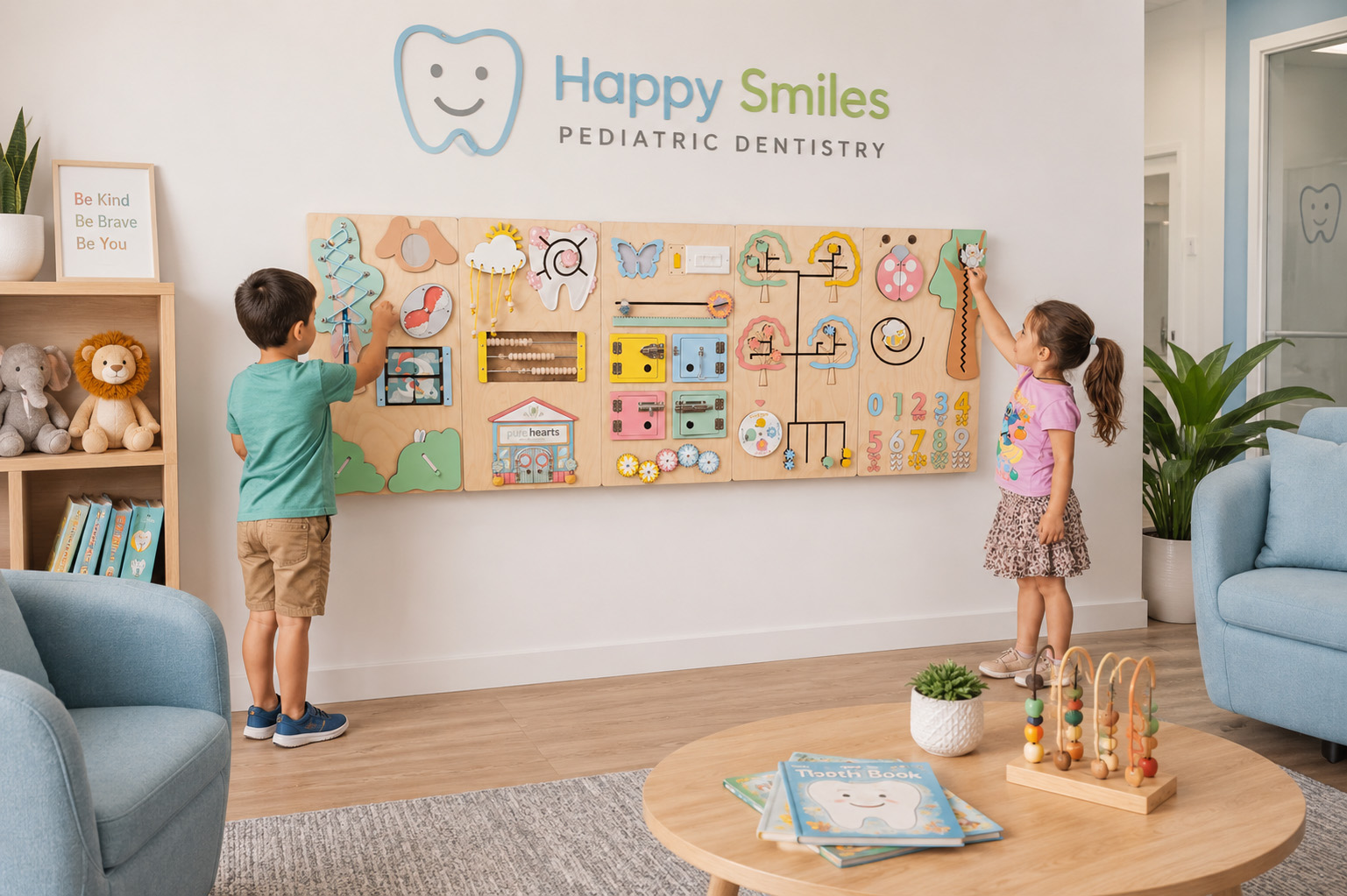 Wall-mounted sensory wall panels for dental clinics saving floor space in a reception area.