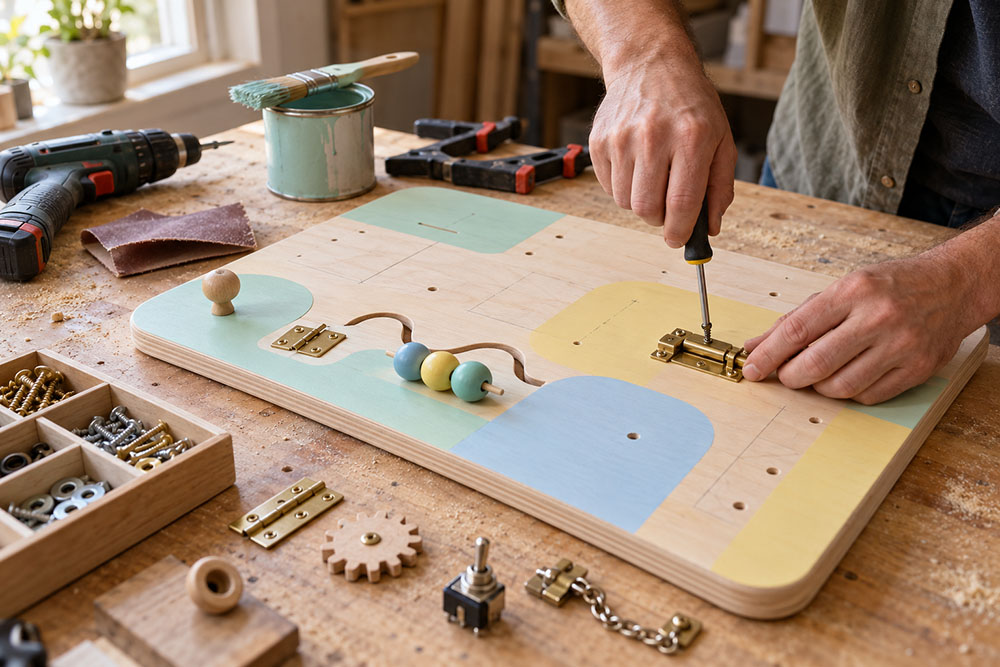 Parent's hands securing a latch mechanism onto a plywood base panel on a workbench during a DIY sensory board build