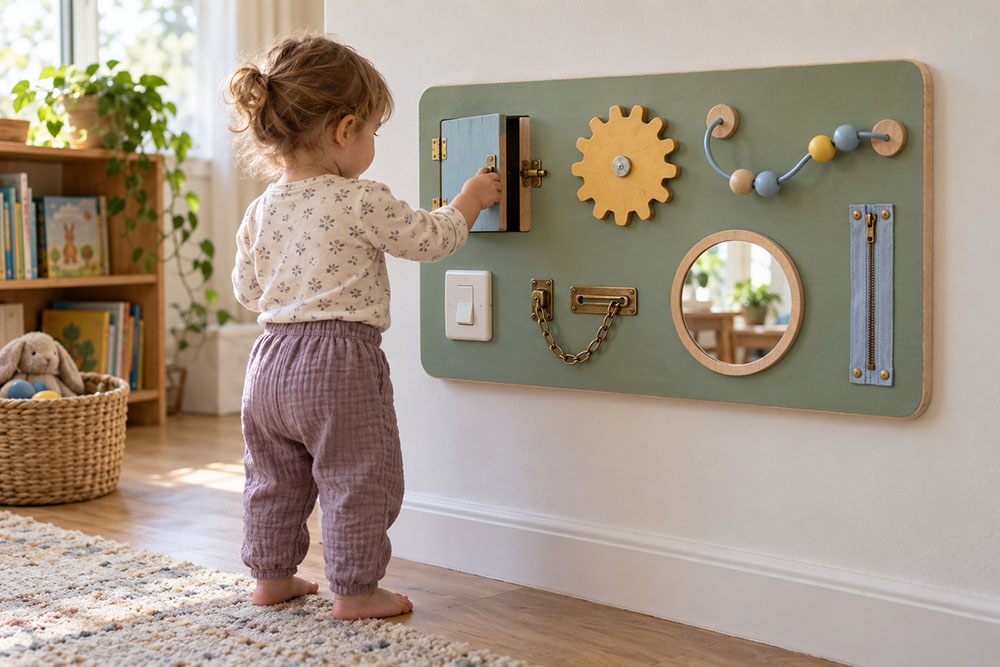Completed DIY sensory board with painted finish and latches mounted on a home playroom wall