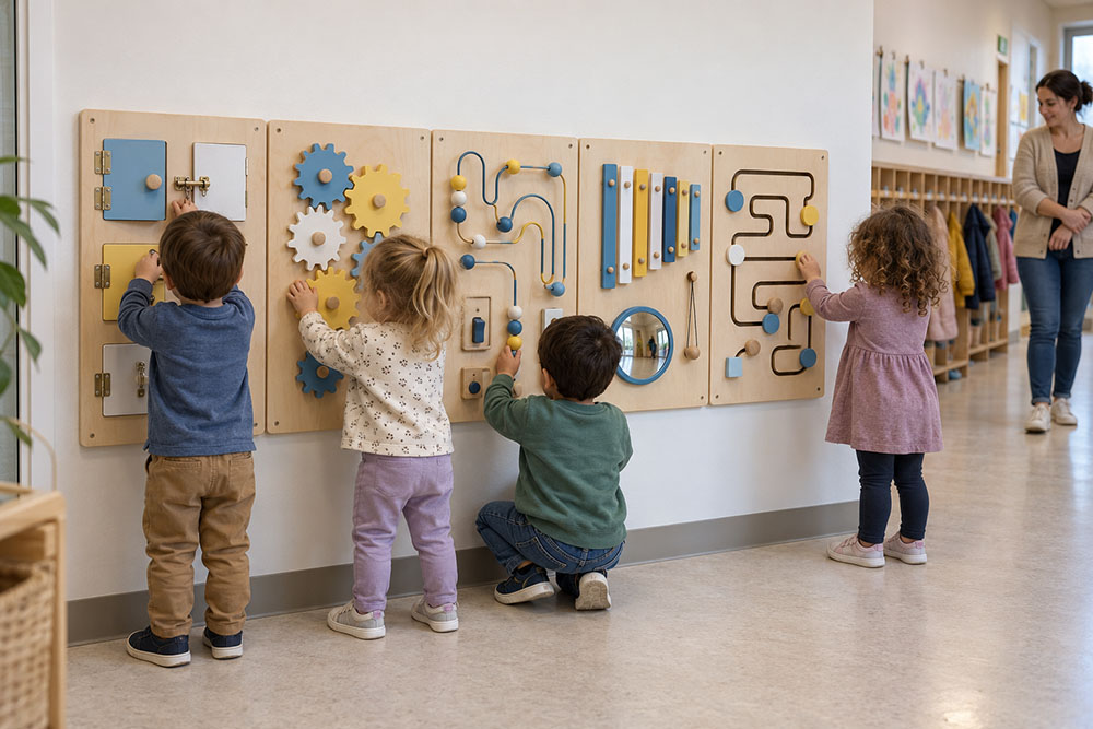 Multi-panel sensory wall installation mounted in a daycare hallway with several children playing at once