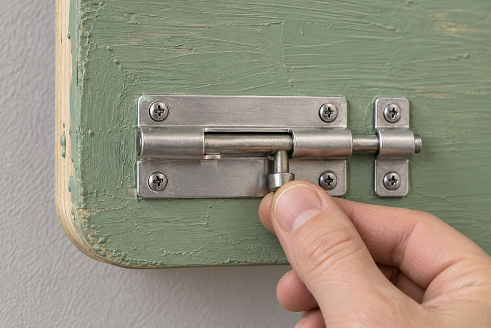 Close-up of a latch bolted from behind a sensory board with a smoothly rounded edge