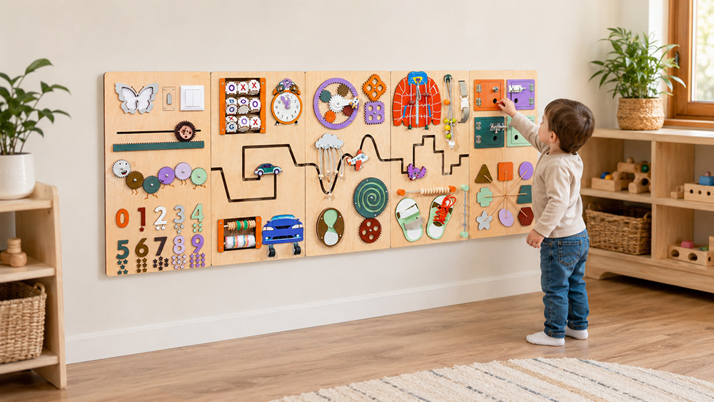 Toddler standing and reaching upward to operate a latch on a wall-mounted busy board