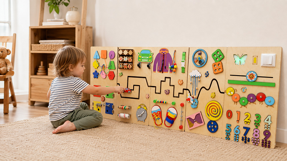 A freestanding tabletop busy board standing on the floor of a child's playroom, no mounting required