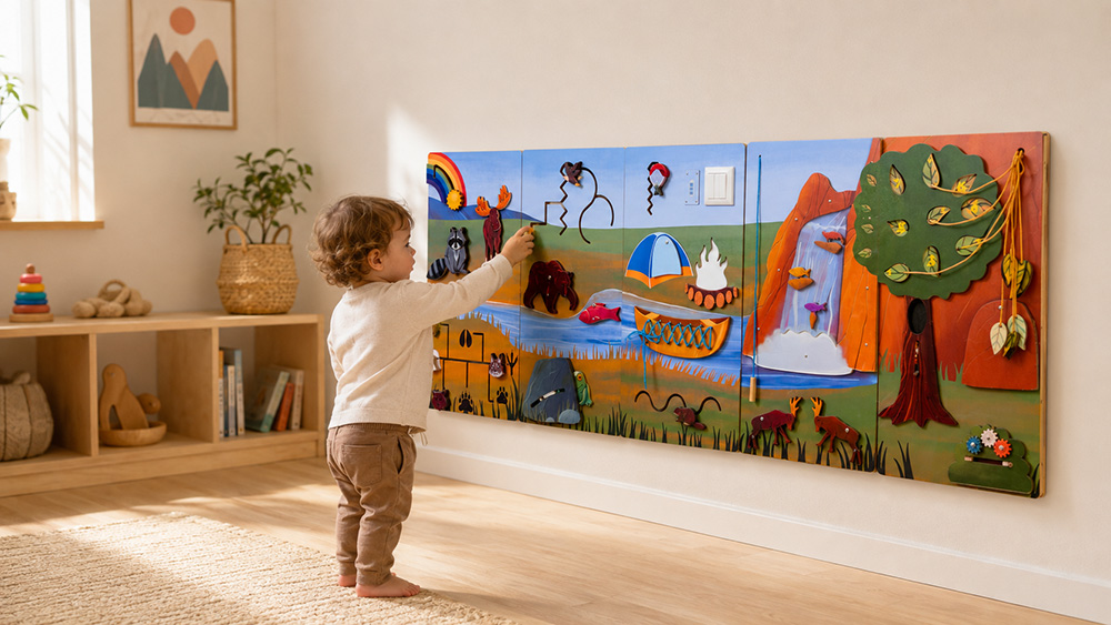 Wall-mounted busy board fixed to a wall in a home playroom with zero floor footprint