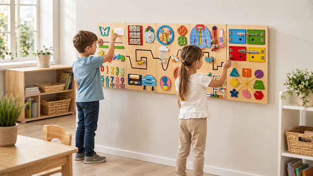 Wall-mounted busy board installed in a school classroom with two children using it side by side