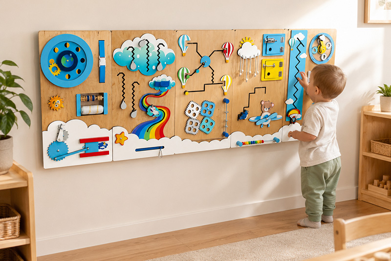 Preschool busy board panel. Sensory wall panel for schools mounted at child height for preschool use in a hallway.