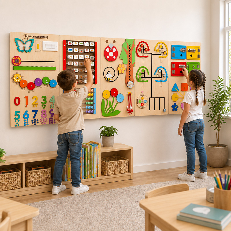 Sensory wall panels installed in a classroom. Sensory wall panels for schools mounted on a classroom wall for student use.